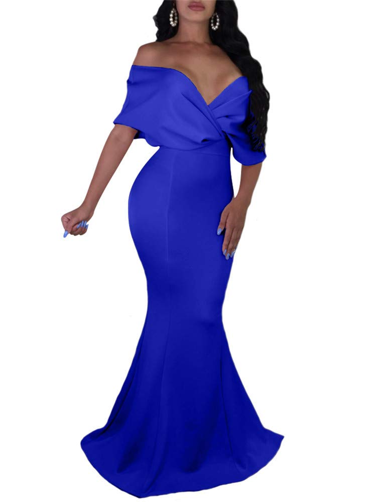 GOBLES Women Sexy V Neck Off The Shoulder Evening Gown Fishtail Maxi Dress (L, Royal Blue) - Image 1